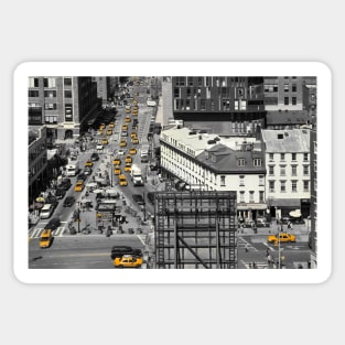 Black and white photograph of a busy Manhattan intersection in the Meatpacking District, with highlighted yellow cabs Sticker